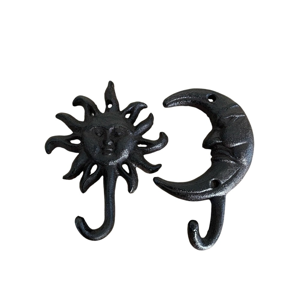 Cast Iron Sun Moon Wall Hooks Set Celestial Face Coat Towel Boho Gothic Decor